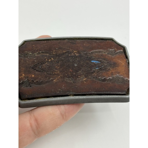Vtg Solid Steel Buckle Tooled Leather Design 3.5" Distressed - Picture 2 of 6